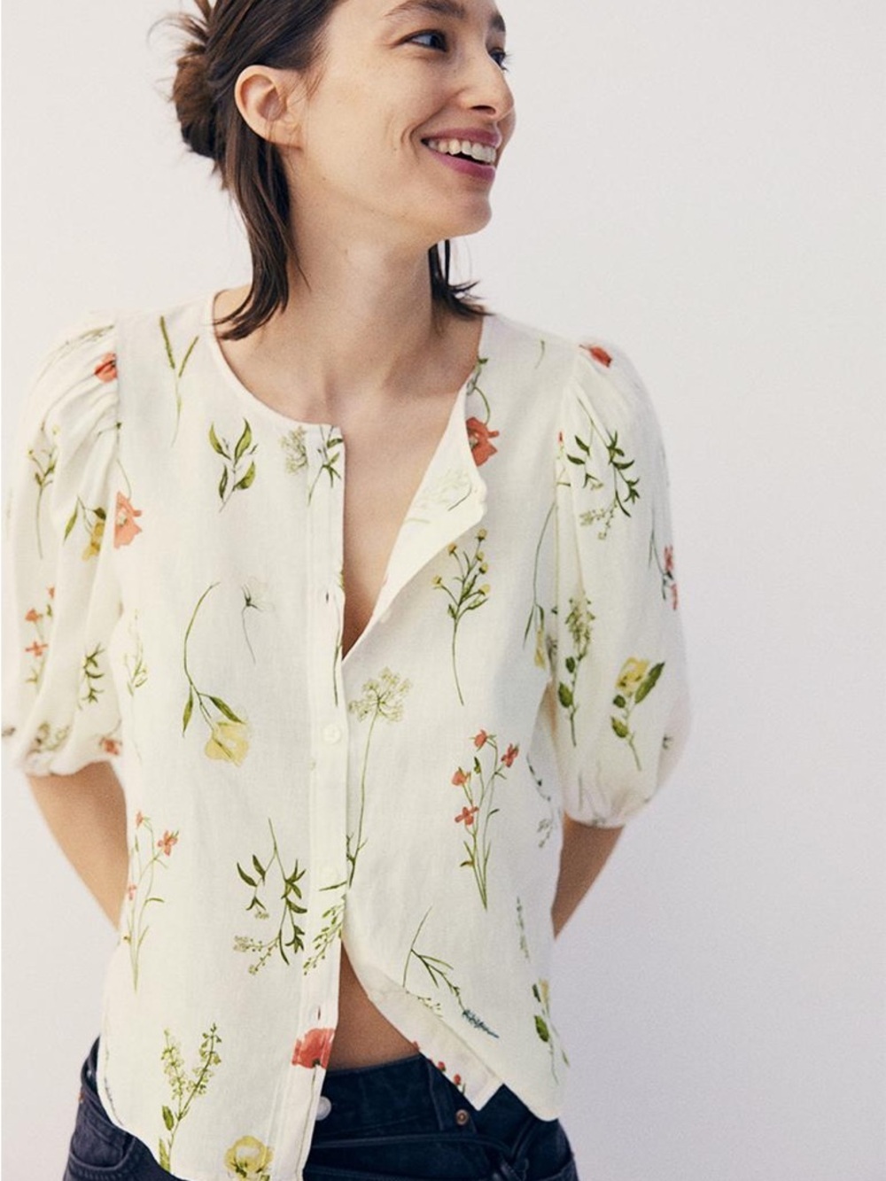 H&M Floral Puff Sleeve Button Front Blouse Linen Blend XS